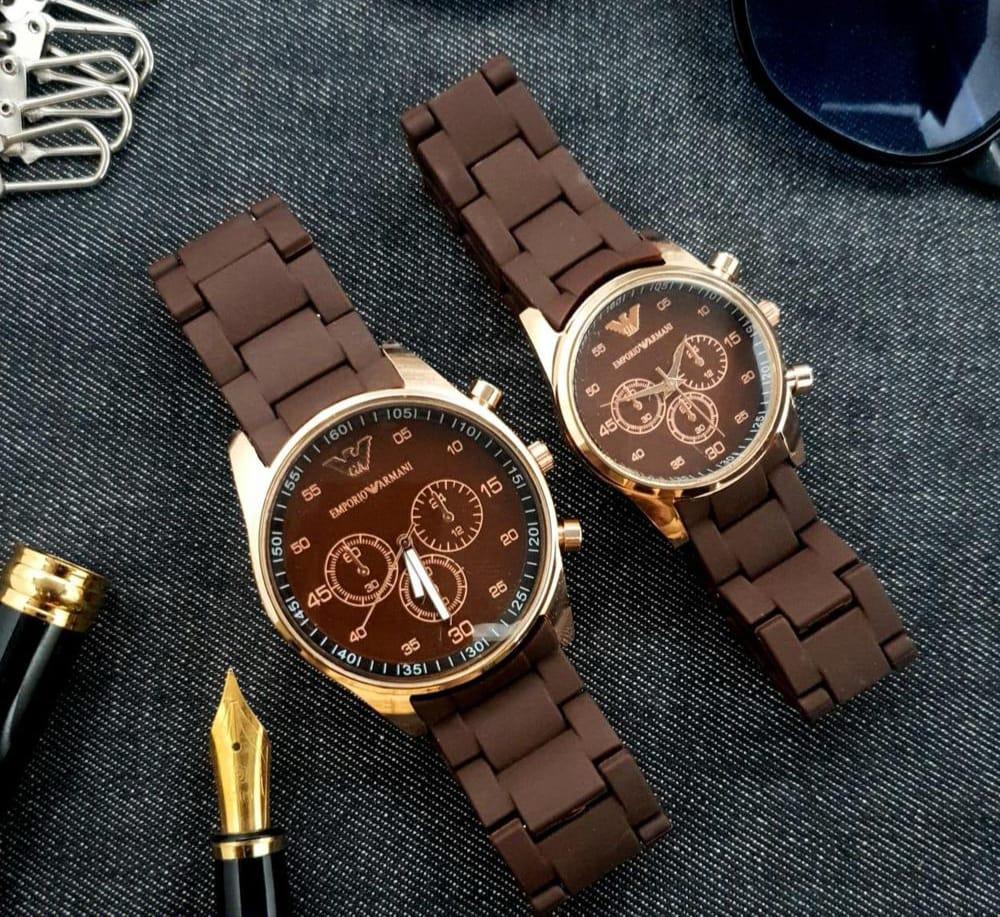brown cronoghraph couple watch with silicone trap