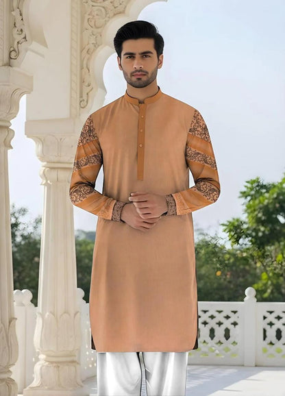 men cotton suit peach self print weeding eid ramadan