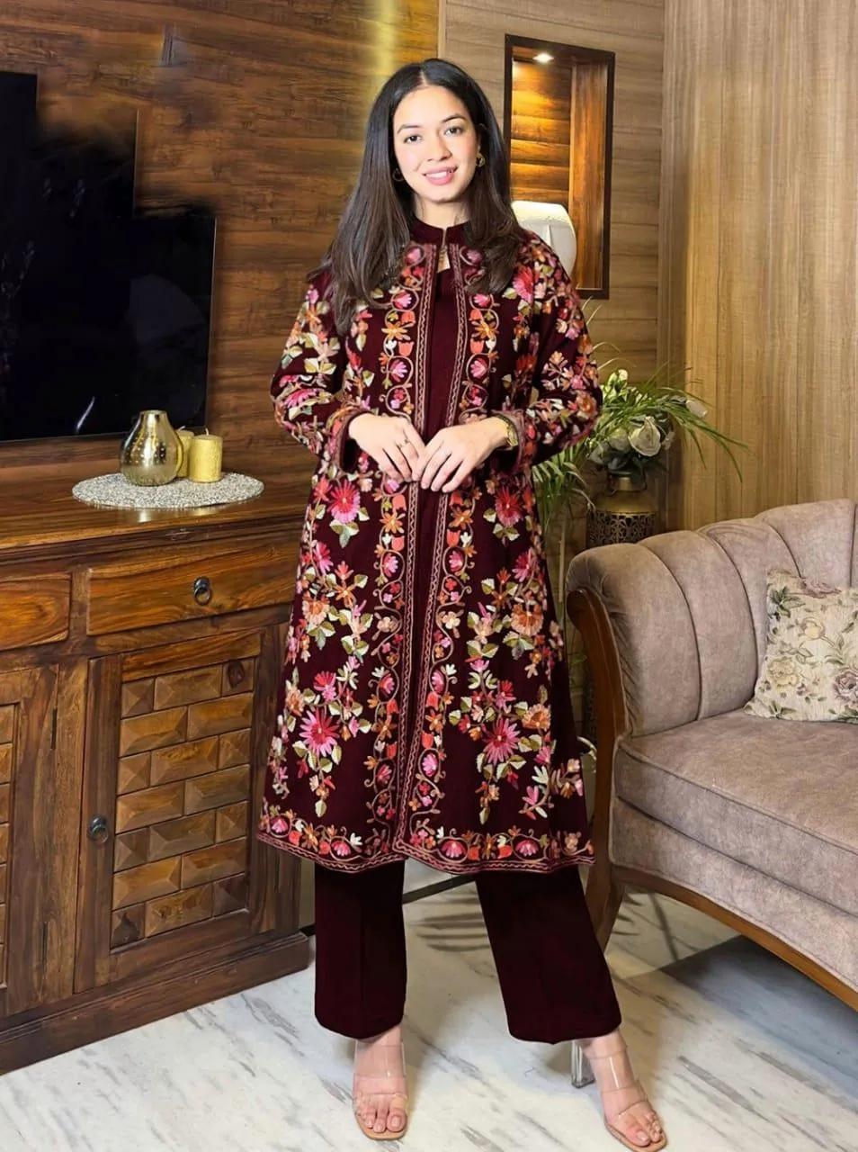 Maroon embroidered shamoz silk gown set for women 2pcs