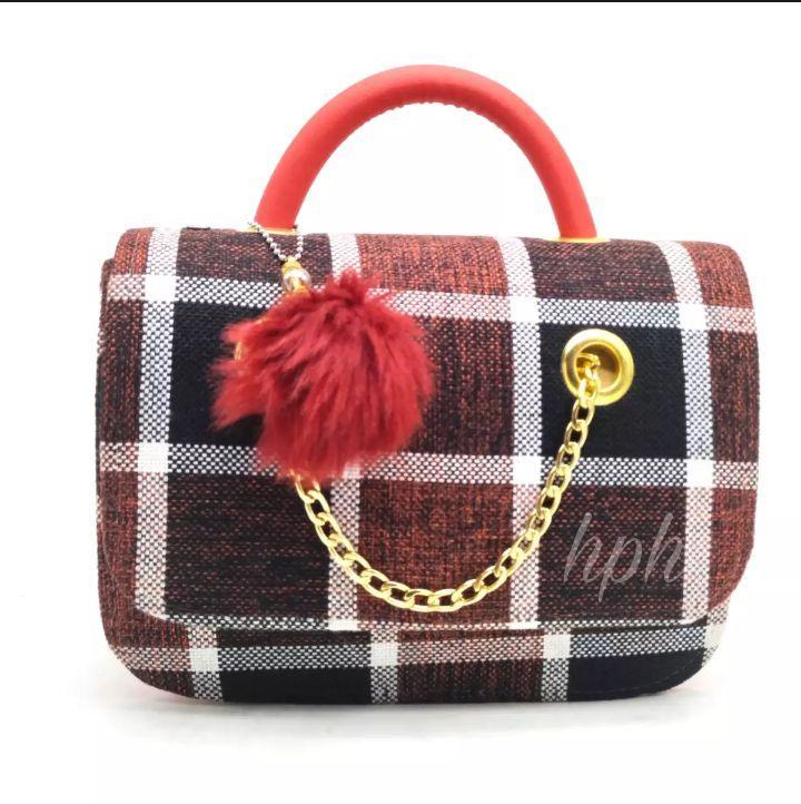 jute plaid shoulder bag red pom pom gold chain