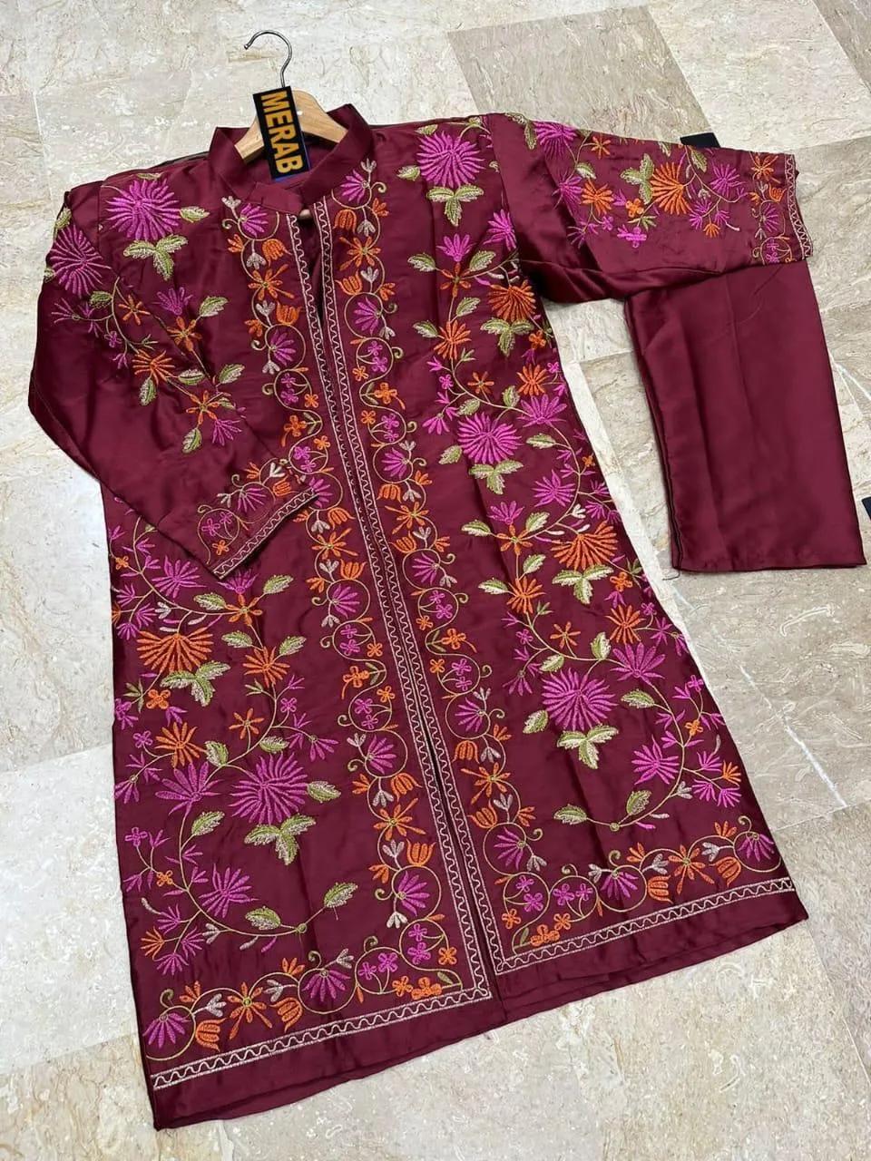 Maroon embroidered shamoz silk gown set for women 2pcs