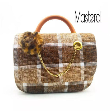 jute plaid shoulder bag red pom pom gold chain
